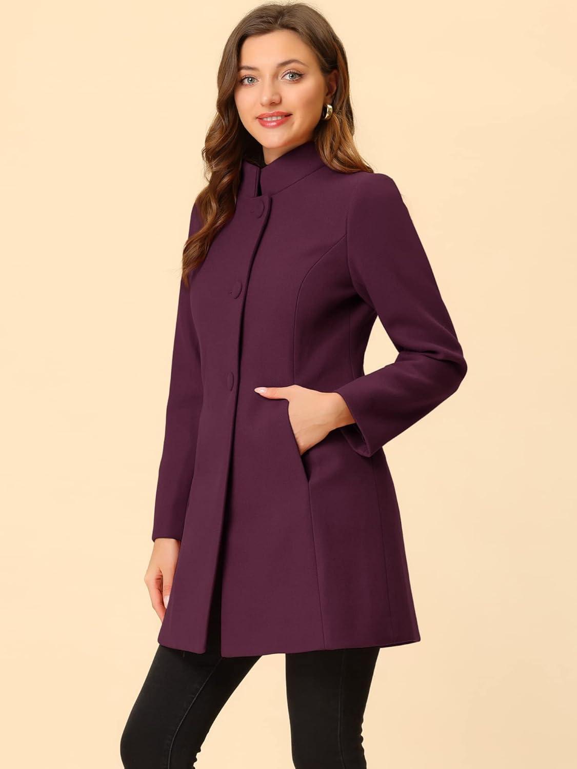imageAllegra K Womens Winter Overcoat MidLong Stand Collar Single Breasted Coat OuterwearPurplish Red