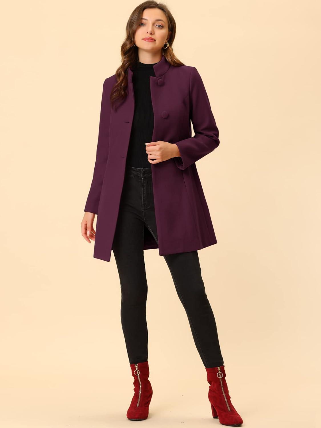 imageAllegra K Womens Winter Overcoat MidLong Stand Collar Single Breasted Coat OuterwearPurplish Red