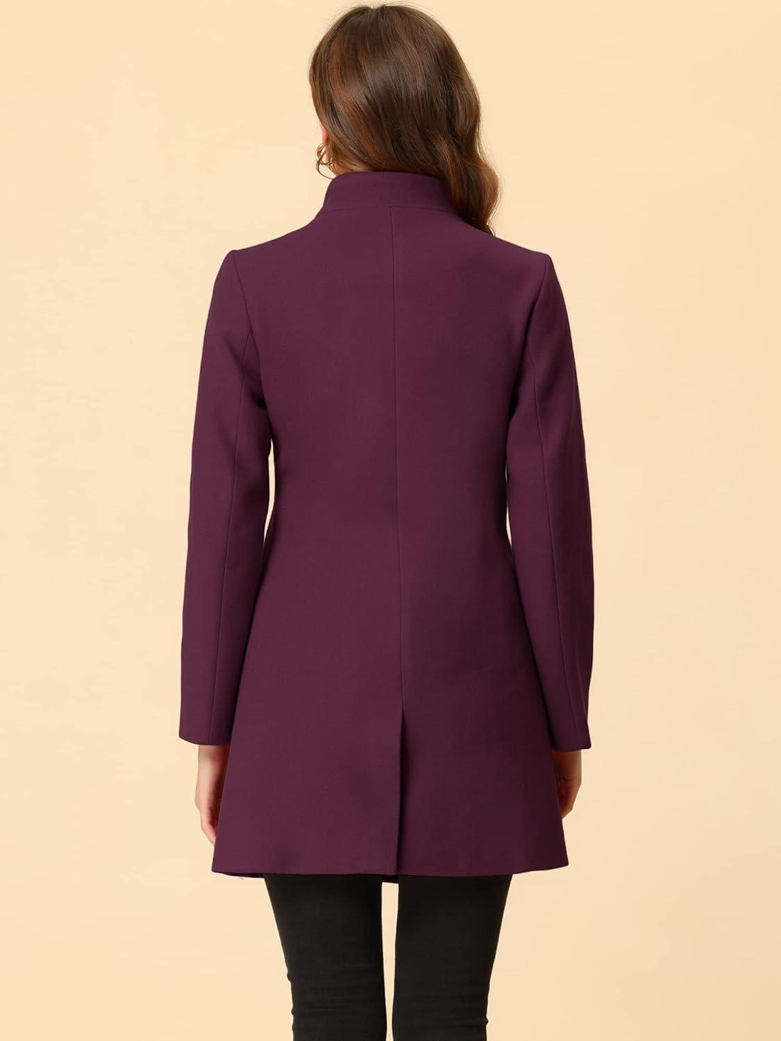 imageAllegra K Womens Winter Overcoat MidLong Stand Collar Single Breasted Coat OuterwearPurplish Red