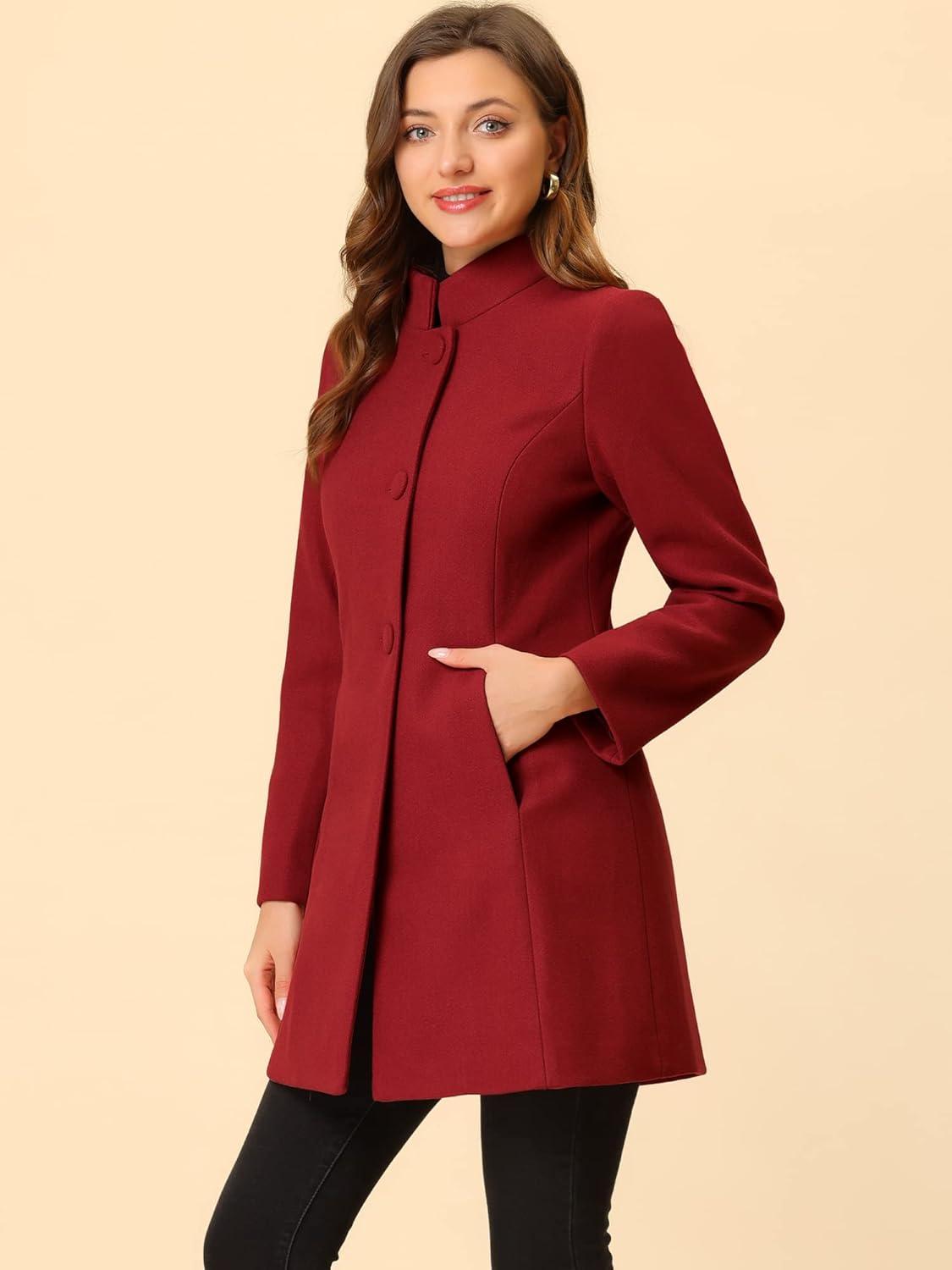 imageAllegra K Womens Winter Overcoat MidLong Stand Collar Single Breasted Coat OuterwearRed