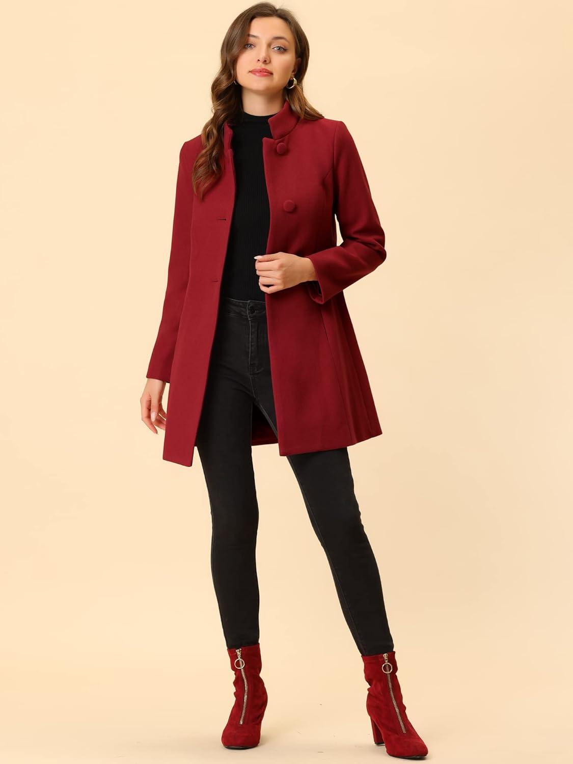imageAllegra K Womens Winter Overcoat MidLong Stand Collar Single Breasted Coat OuterwearRed