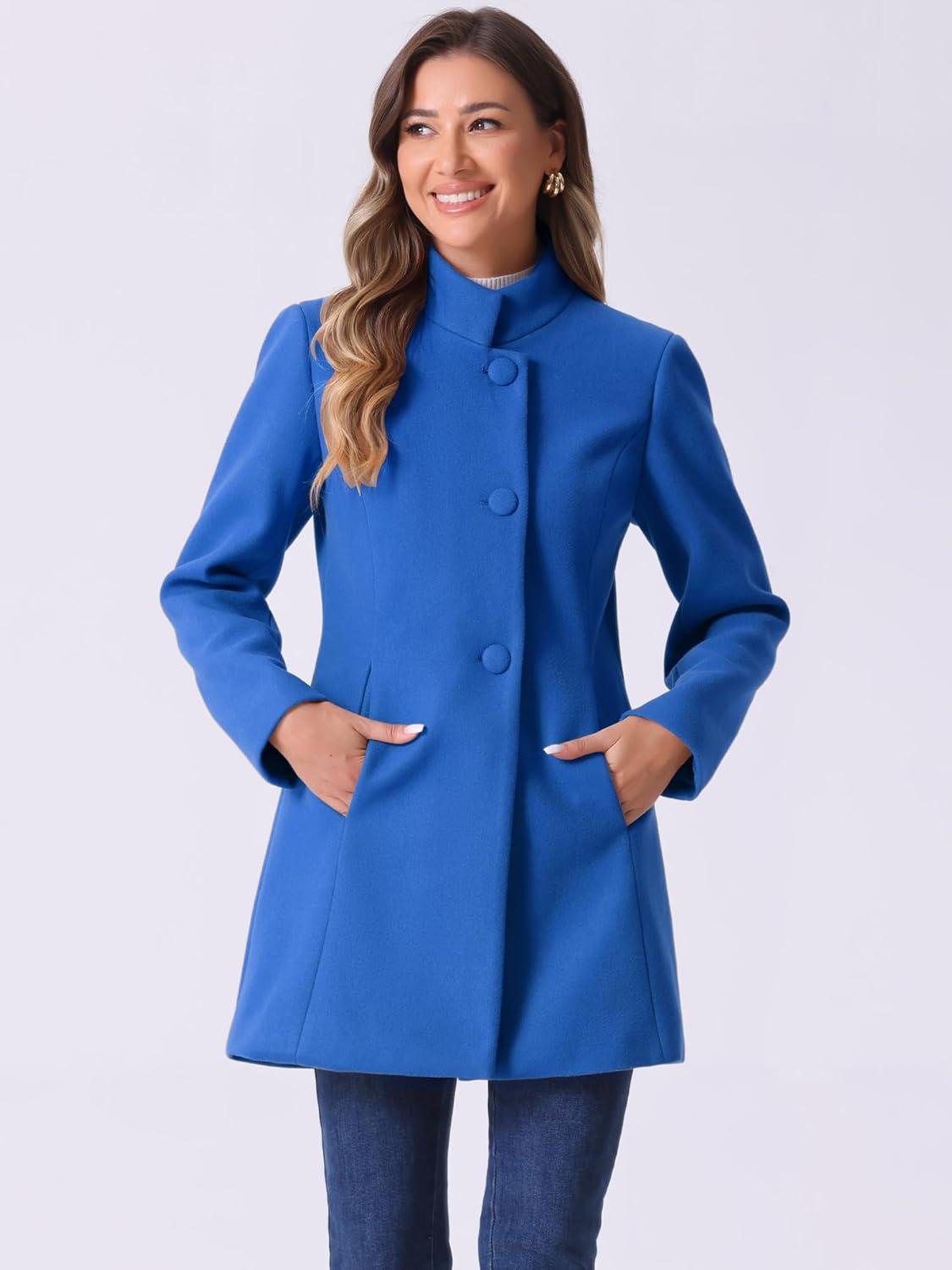 imageAllegra K Womens Winter Overcoat MidLong Stand Collar Single Breasted Coat OuterwearSea Blue