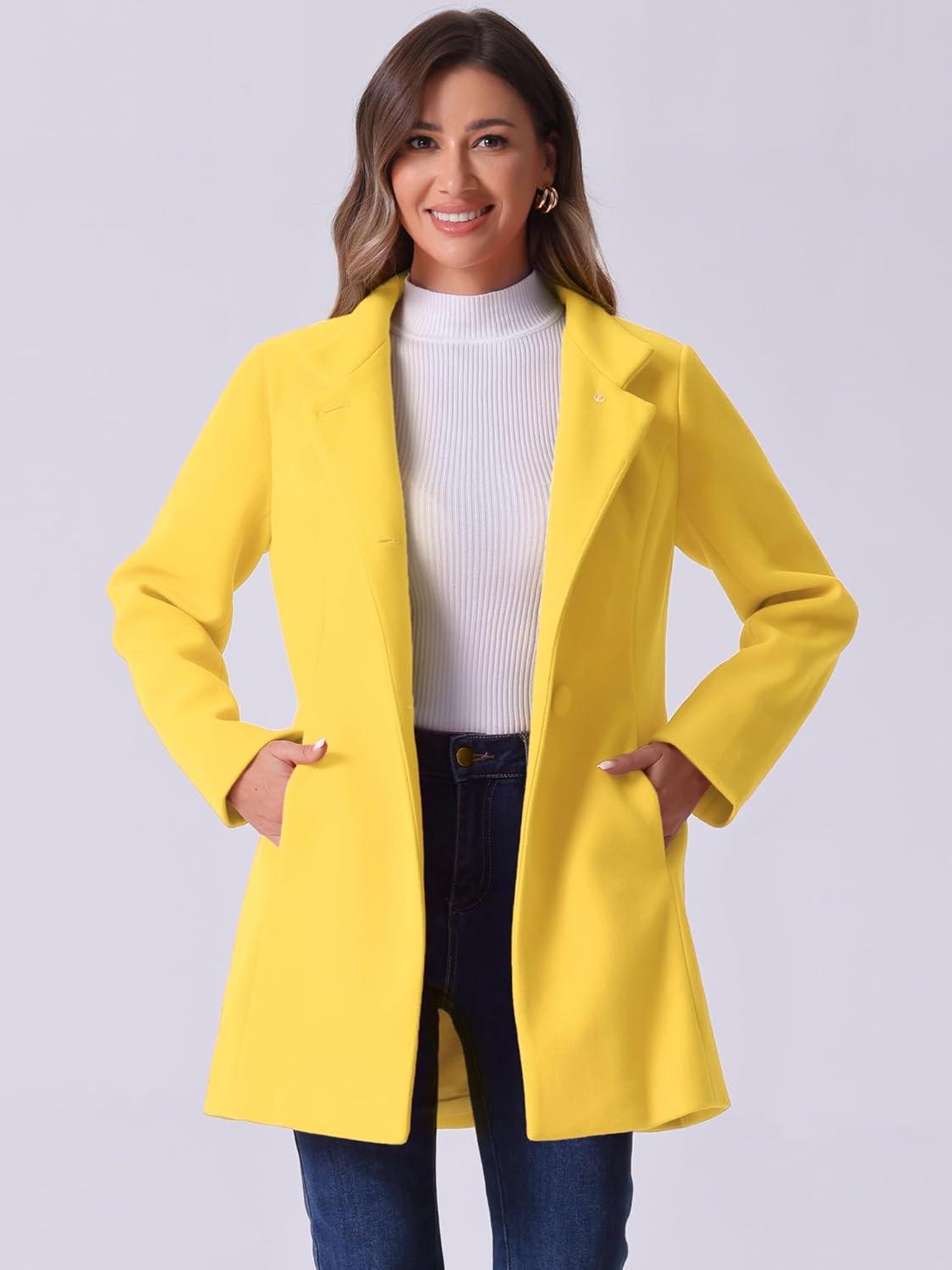 imageAllegra K Womens Winter Overcoat MidLong Stand Collar Single Breasted Coat OuterwearYellow