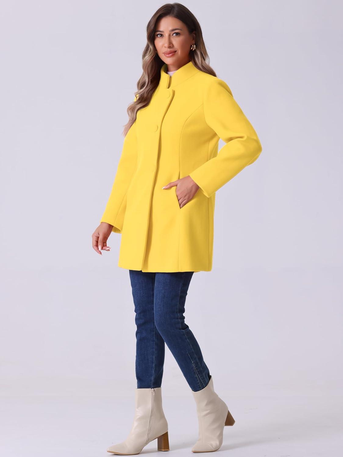 imageAllegra K Womens Winter Overcoat MidLong Stand Collar Single Breasted Coat OuterwearYellow