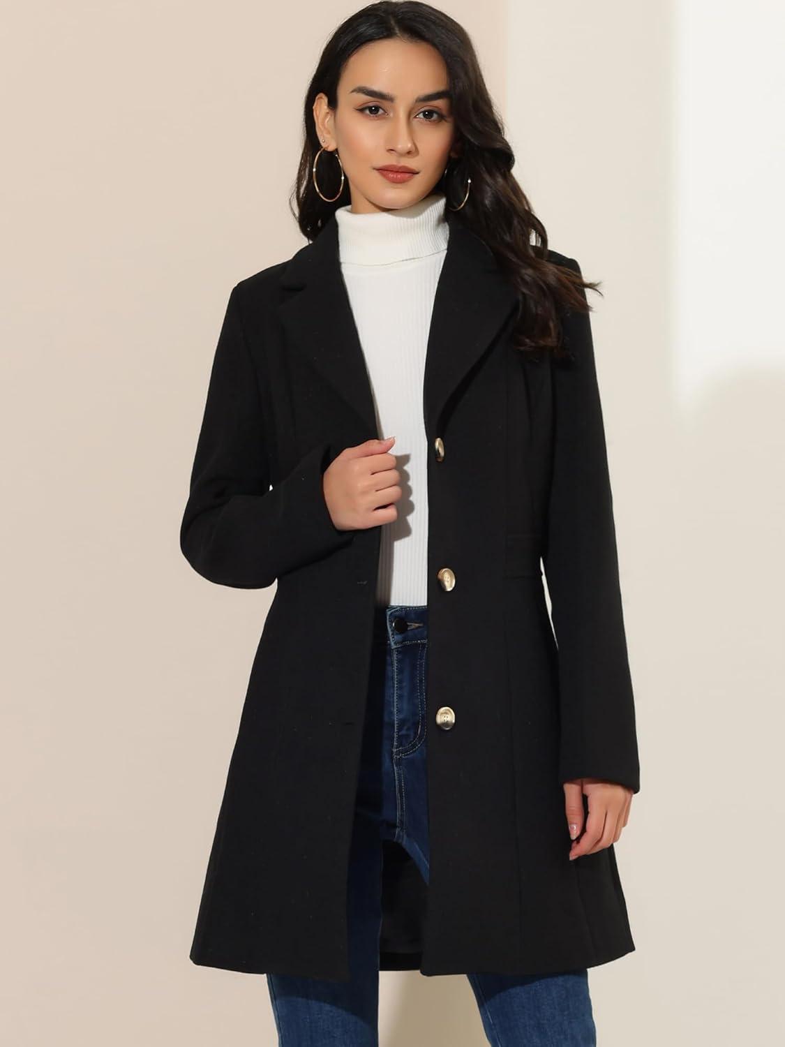 imageAllegra K Womens Winter Pea Coat 2025 Fall Single Breasted Long Outerwear Trench CoatsBlack
