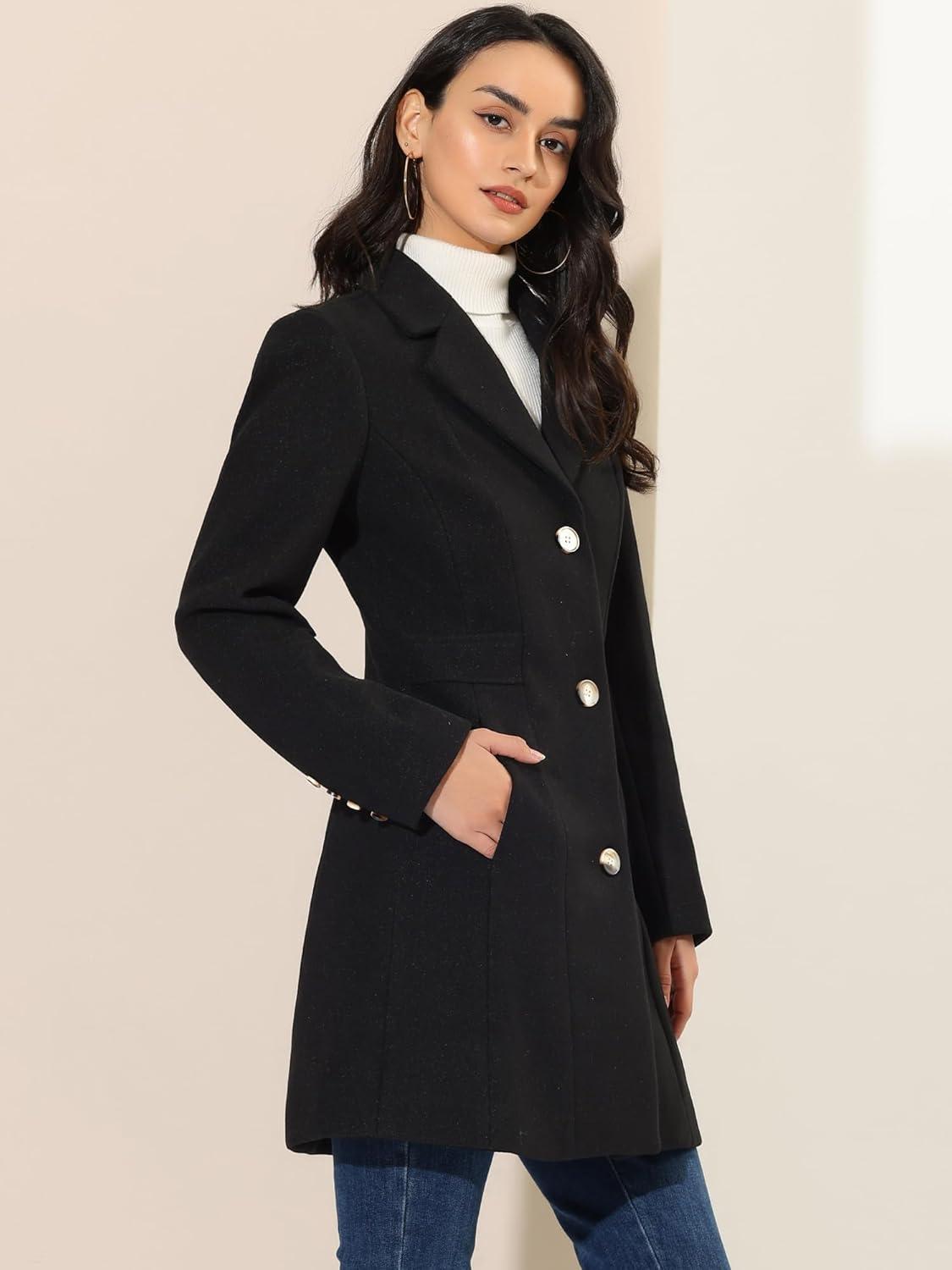imageAllegra K Womens Winter Pea Coat 2025 Fall Single Breasted Long Outerwear Trench CoatsBlack