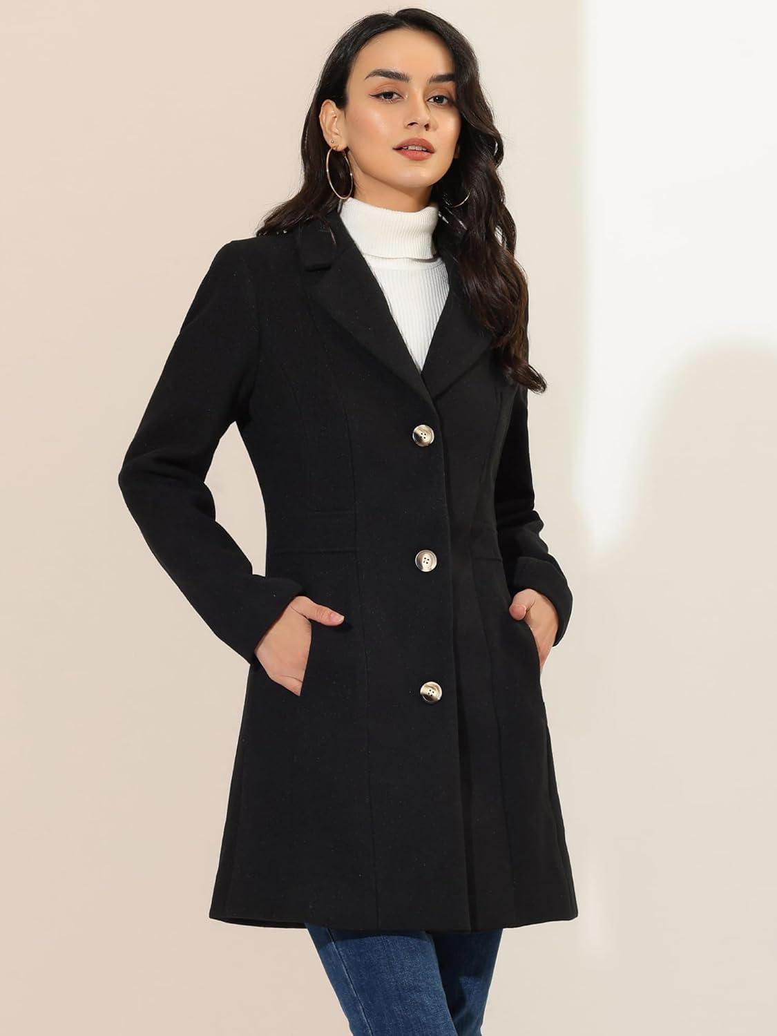 imageAllegra K Womens Winter Pea Coat 2025 Fall Single Breasted Long Outerwear Trench CoatsBlack