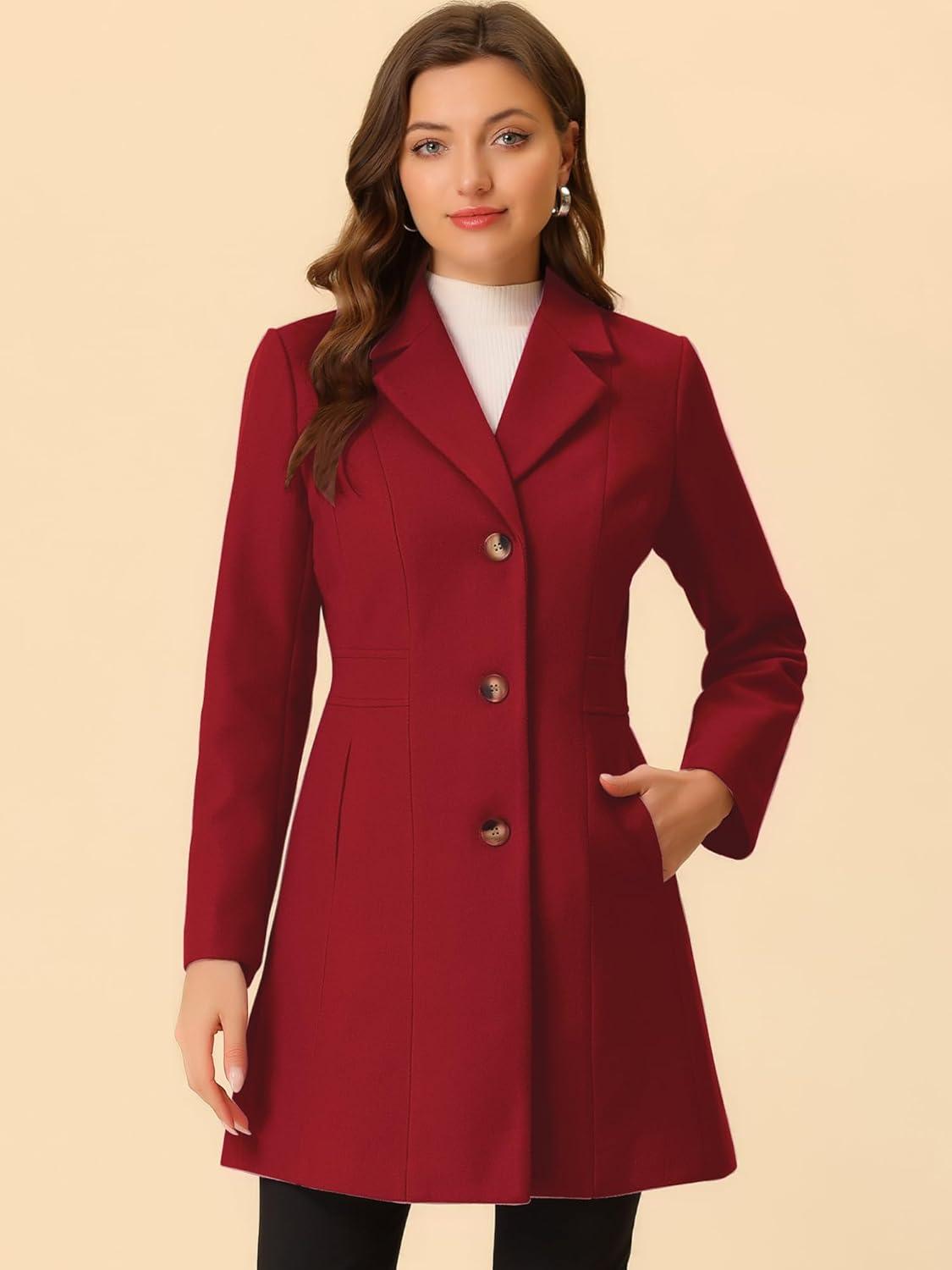 imageAllegra K Womens Winter Pea Coat 2025 Fall Single Breasted Long Outerwear Trench CoatsBurgundy