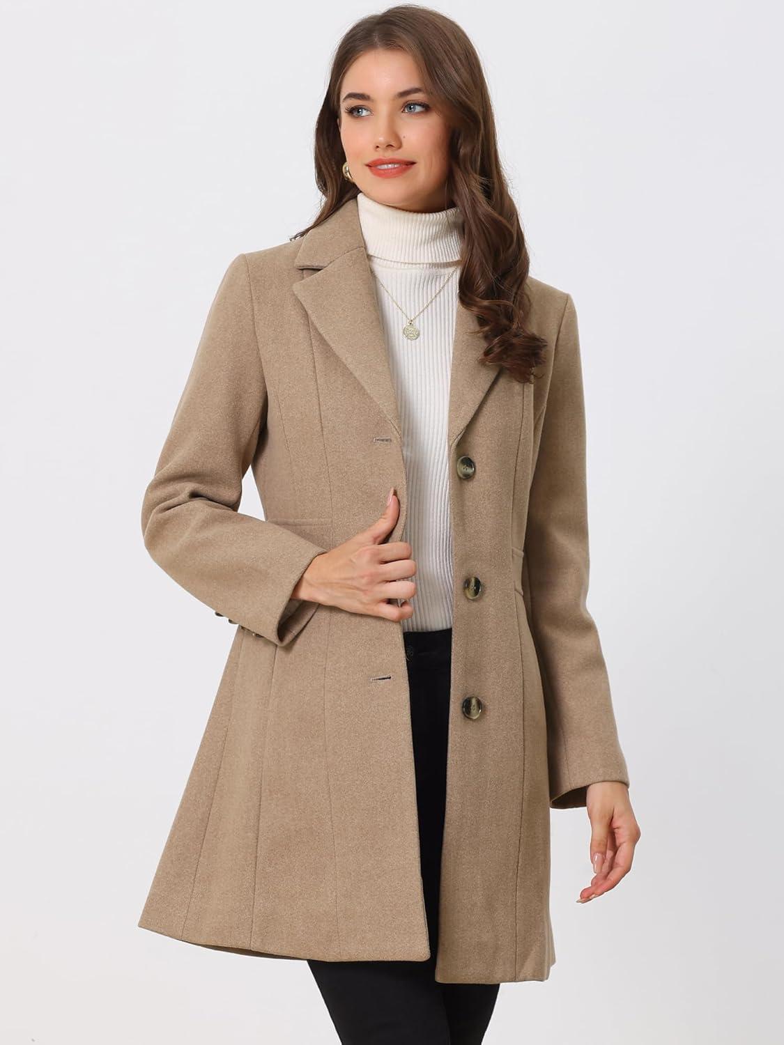 imageAllegra K Womens Winter Pea Coat 2025 Fall Single Breasted Long Outerwear Trench CoatsDark Beige