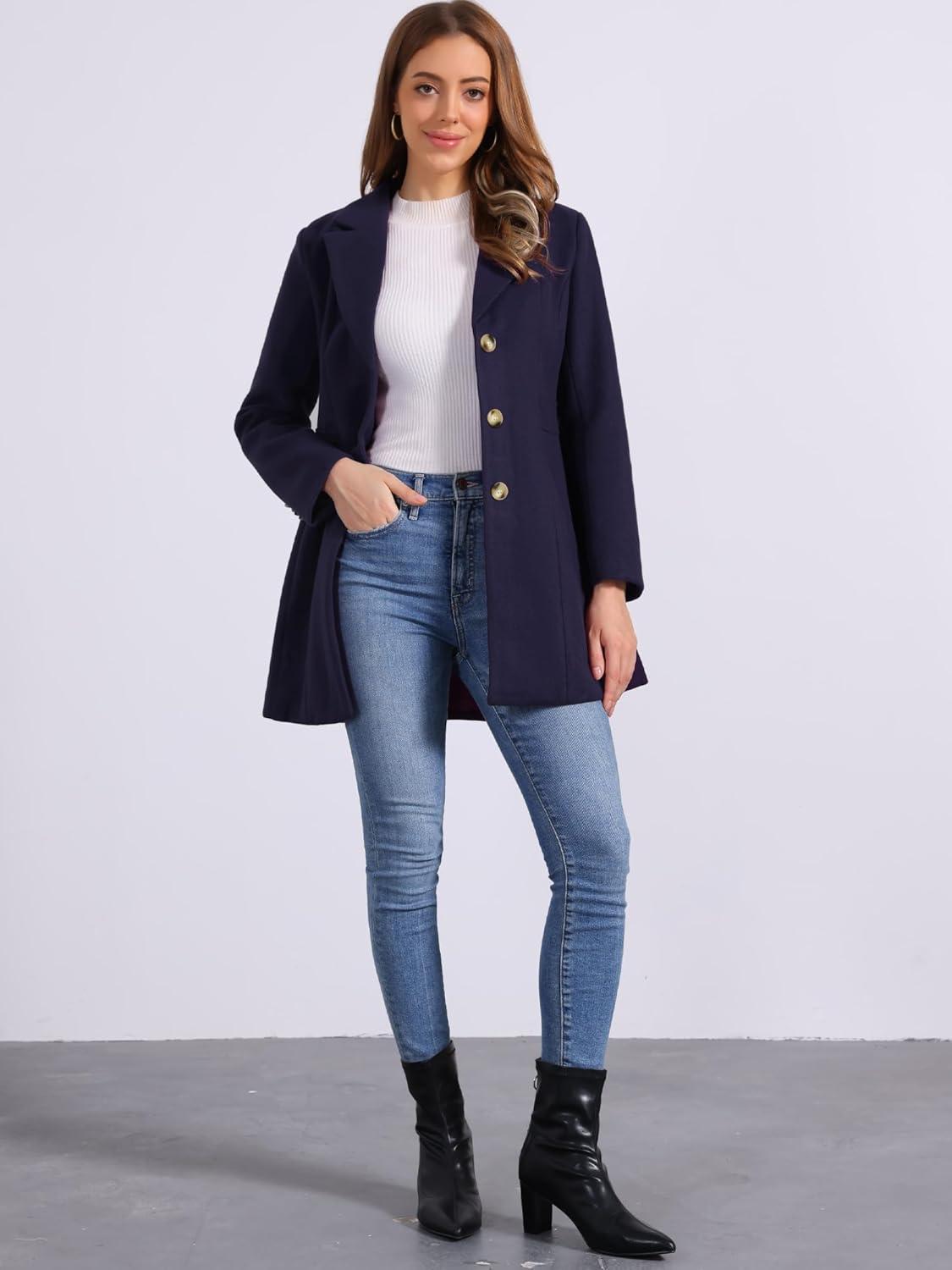 imageAllegra K Womens Winter Pea Coat 2025 Fall Single Breasted Long Outerwear Trench CoatsDark Blue