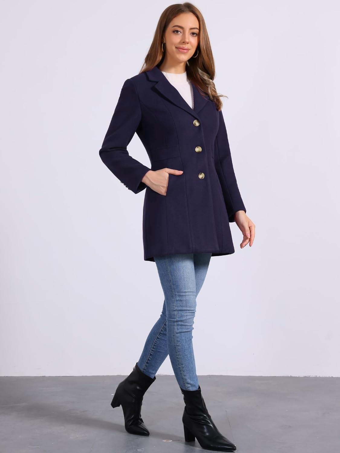 imageAllegra K Womens Winter Pea Coat 2025 Fall Single Breasted Long Outerwear Trench CoatsDark Blue