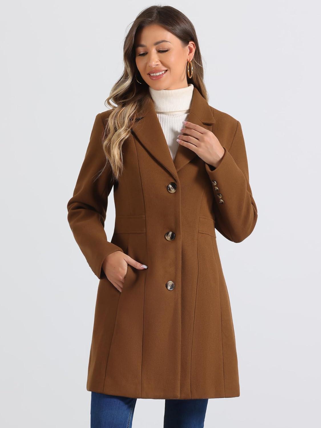 imageAllegra K Womens Winter Pea Coat 2025 Fall Single Breasted Long Outerwear Trench CoatsDark Brown