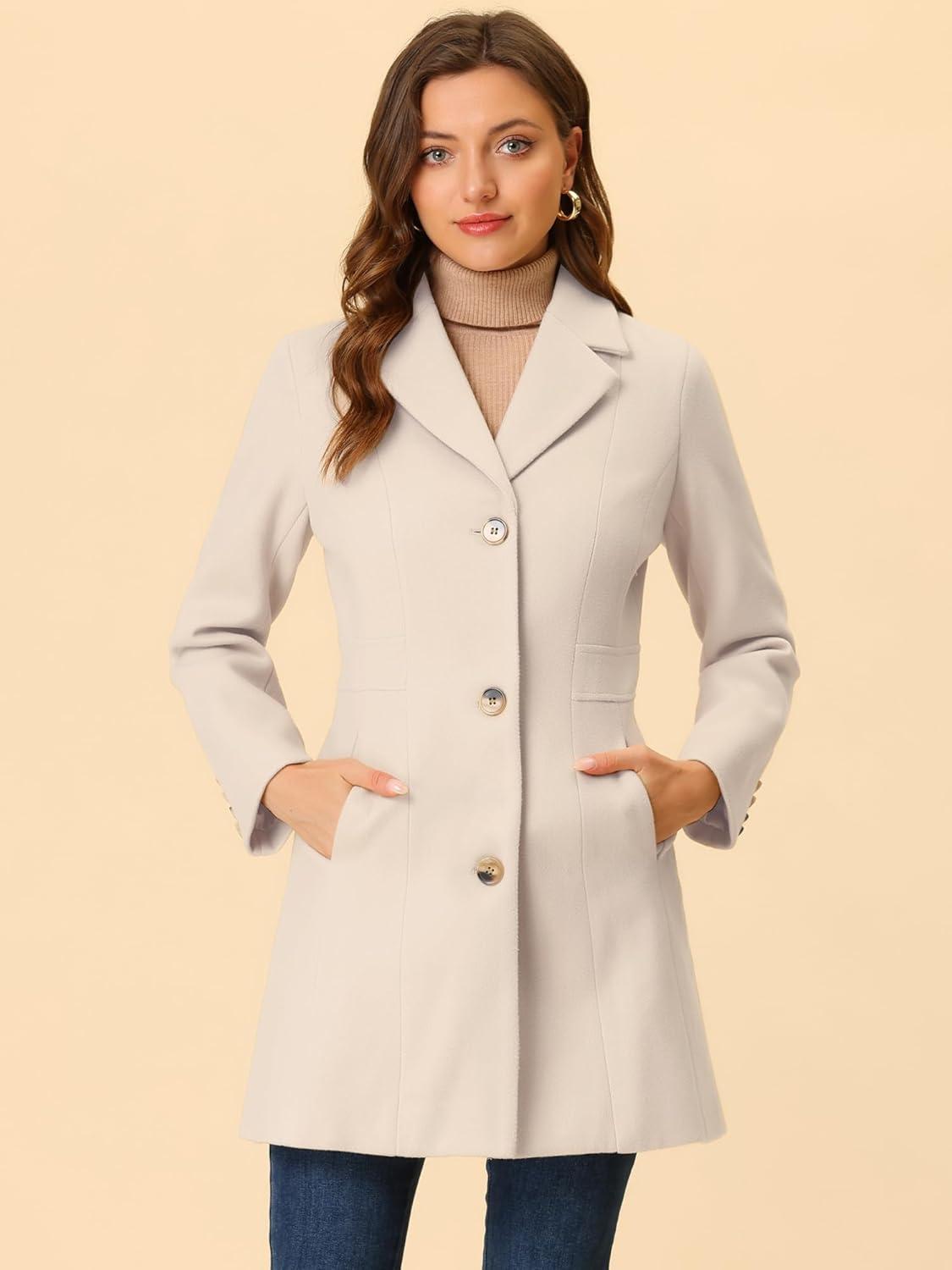 imageAllegra K Womens Winter Pea Coat 2025 Fall Single Breasted Long Outerwear Trench CoatsGream White
