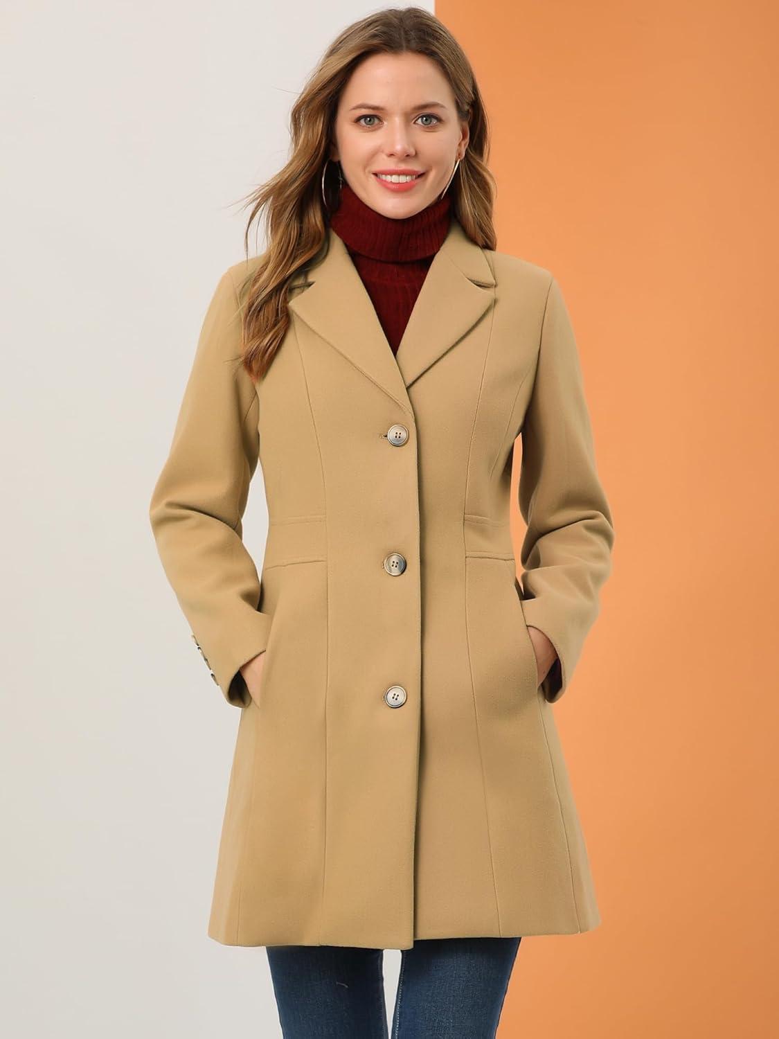 imageAllegra K Womens Winter Pea Coat 2025 Fall Single Breasted Long Outerwear Trench CoatsKhaki