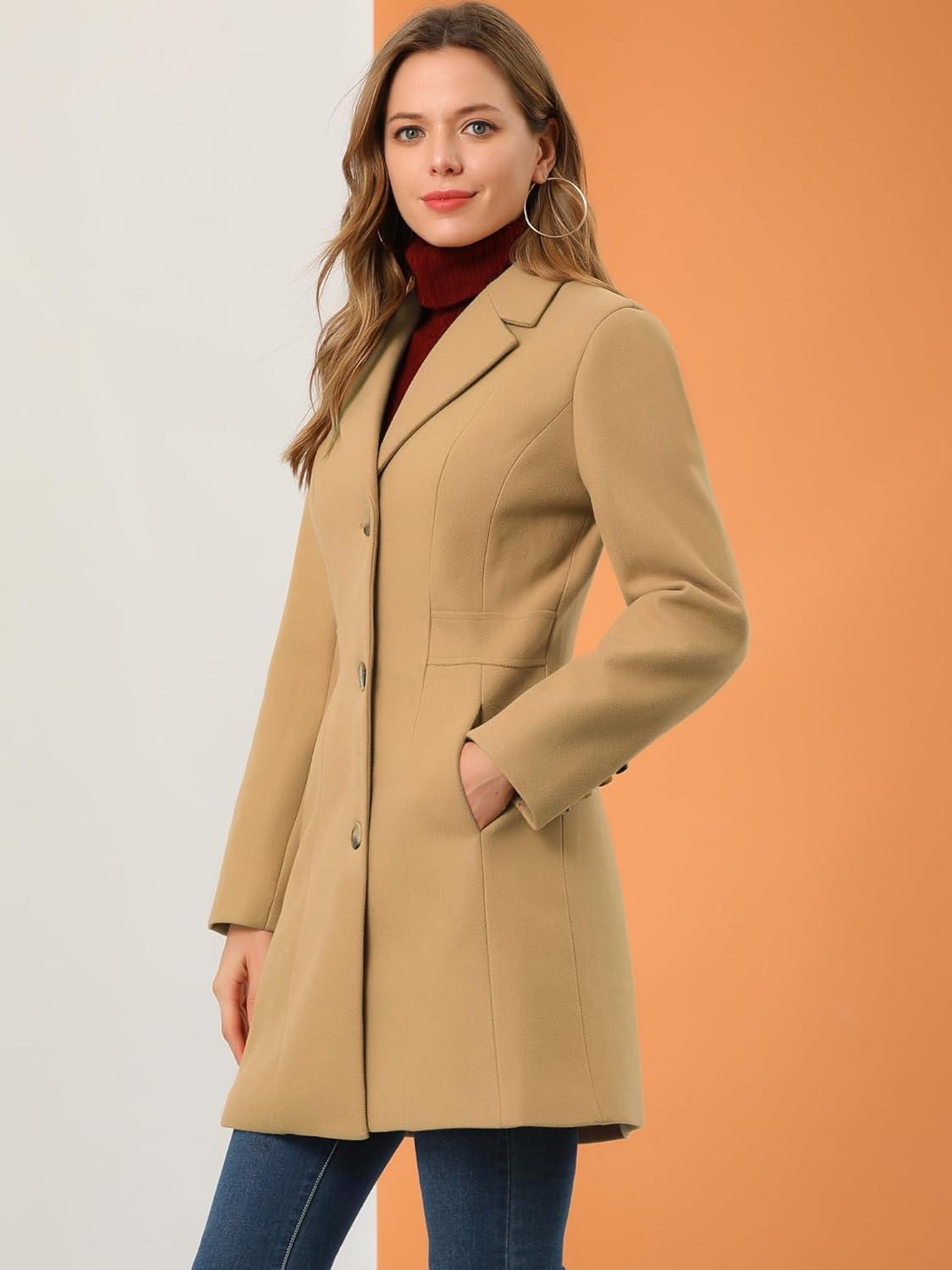 imageAllegra K Womens Winter Pea Coat 2025 Fall Single Breasted Long Outerwear Trench CoatsKhaki