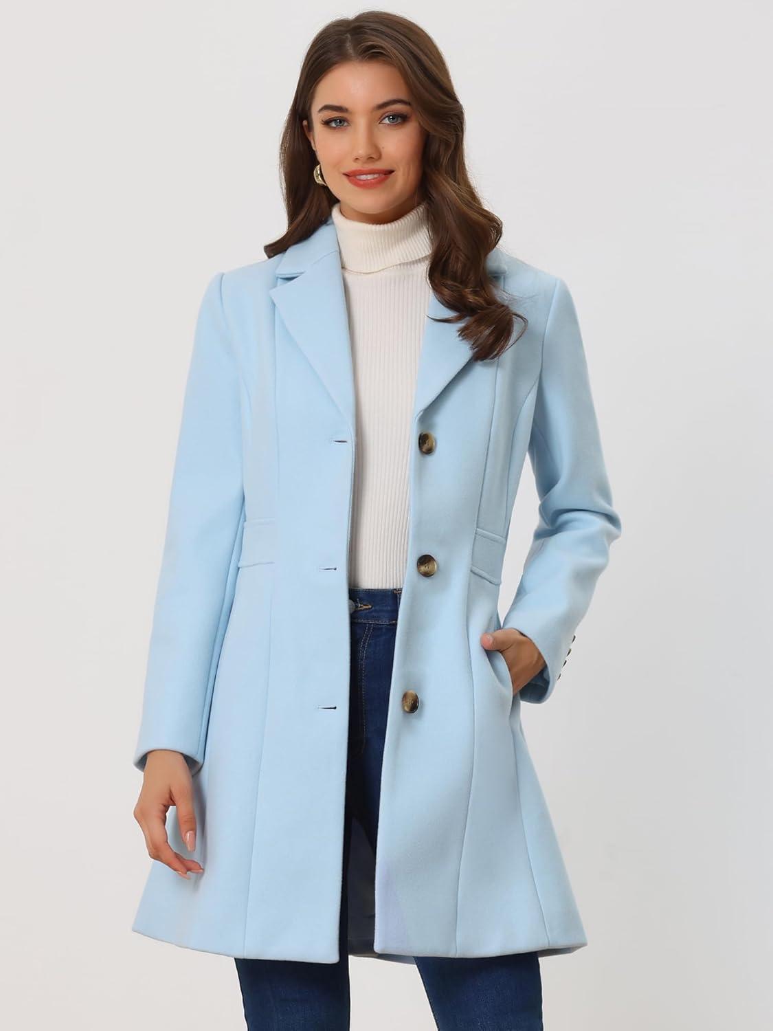 imageAllegra K Womens Winter Pea Coat 2025 Fall Single Breasted Long Outerwear Trench CoatsLight Blue