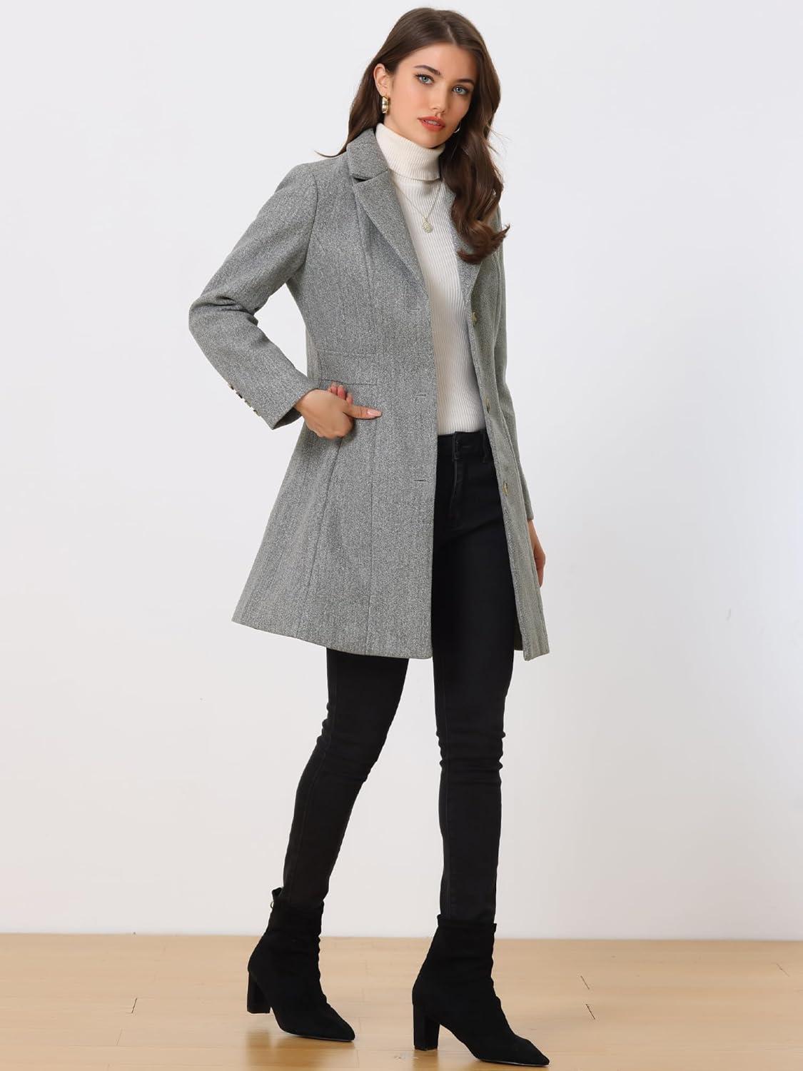 imageAllegra K Womens Winter Pea Coat 2025 Fall Single Breasted Long Outerwear Trench CoatsLight Grey