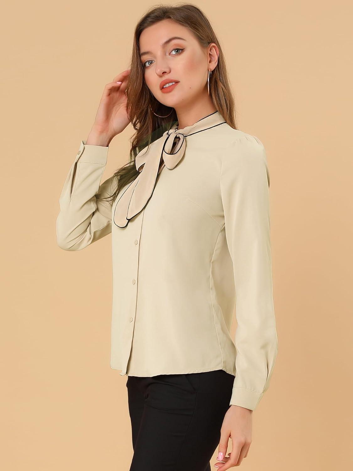 imageAllegra K Womens Work Blouse Tie Neck Long Sleeve Shirts Button Down Elegant Office Business Top 2025Apricot