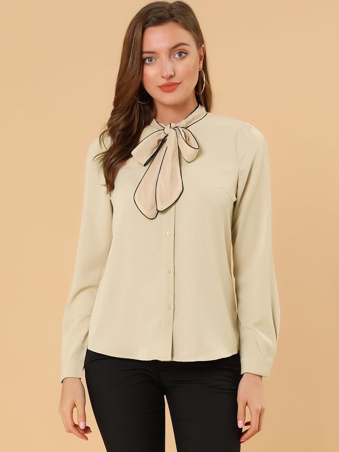 imageAllegra K Womens Work Blouse Tie Neck Long Sleeve Shirts Button Down Elegant Office Business Top 2025Apricot