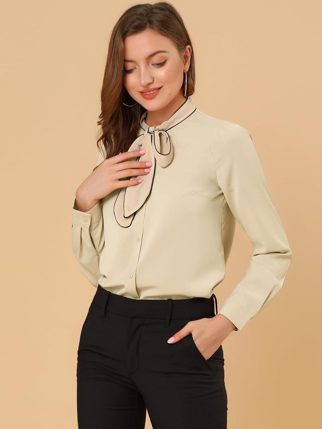 imageAllegra K Womens Work Blouse Tie Neck Long Sleeve Shirts Button Down Elegant Office Business Top 2025Apricot