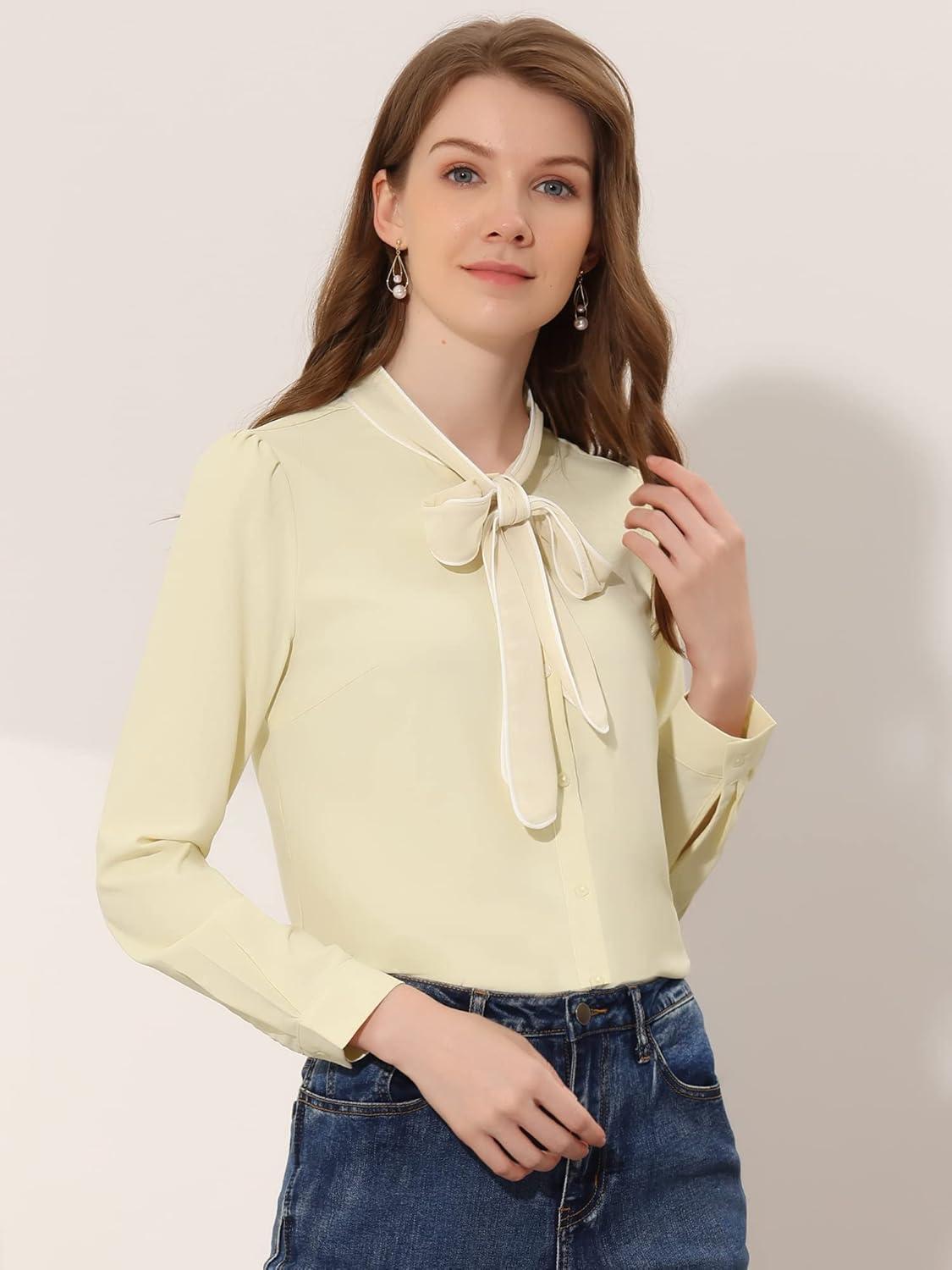 imageAllegra K Womens Work Blouse Tie Neck Long Sleeve Shirts Button Down Elegant Office Business Top 2025Beige