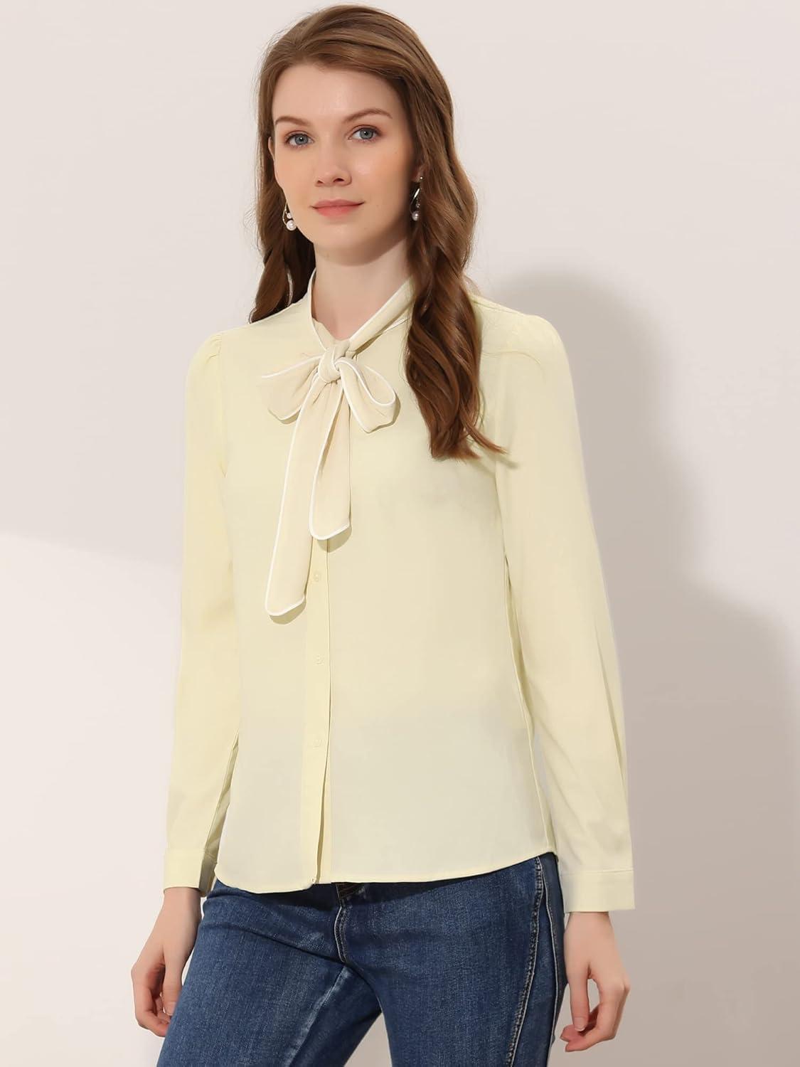 imageAllegra K Womens Work Blouse Tie Neck Long Sleeve Shirts Button Down Elegant Office Business Top 2025Beige