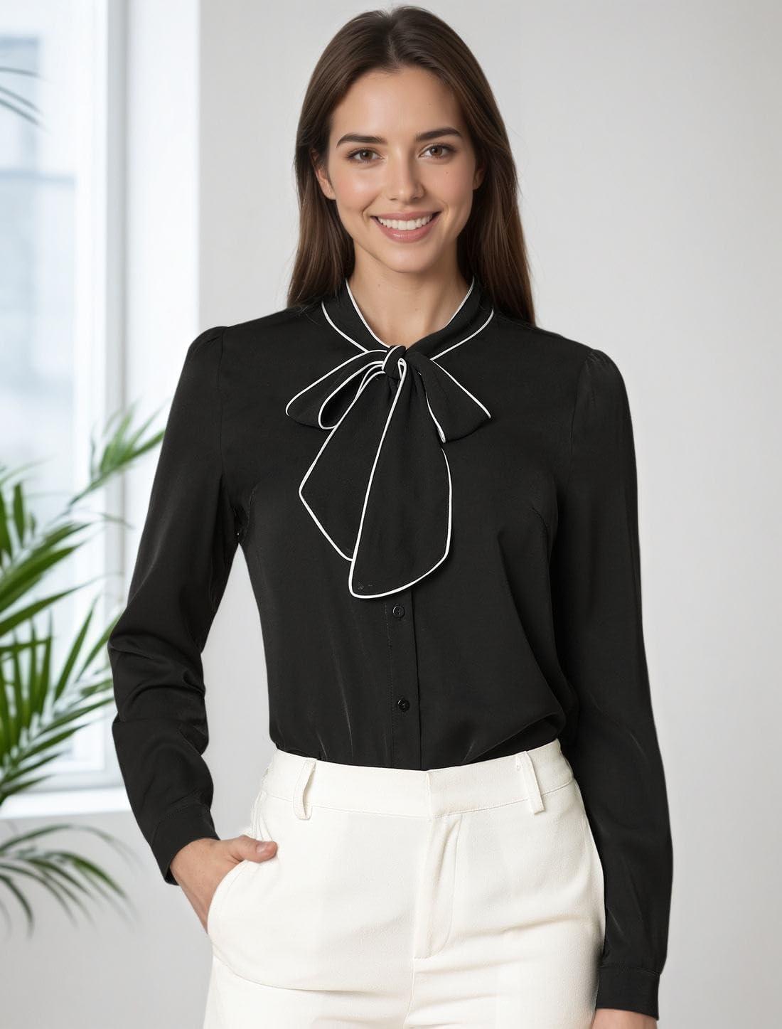 imageAllegra K Womens Work Blouse Tie Neck Long Sleeve Shirts Button Down Elegant Office Business Top 2025Black