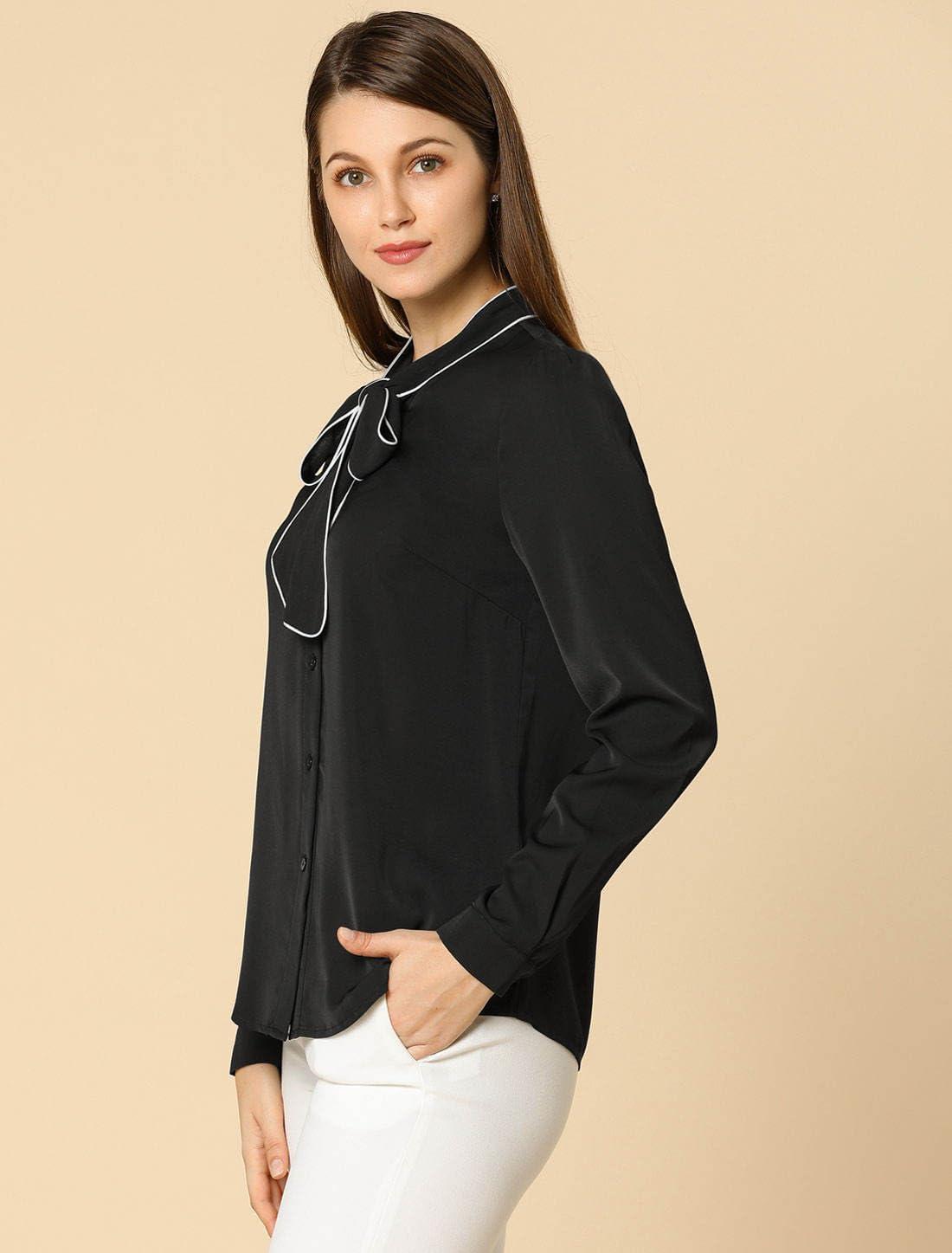 imageAllegra K Womens Work Blouse Tie Neck Long Sleeve Shirts Button Down Elegant Office Business Top 2025Black