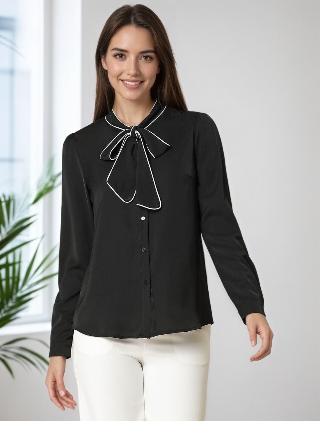 imageAllegra K Womens Work Blouse Tie Neck Long Sleeve Shirts Button Down Elegant Office Business Top 2025Black