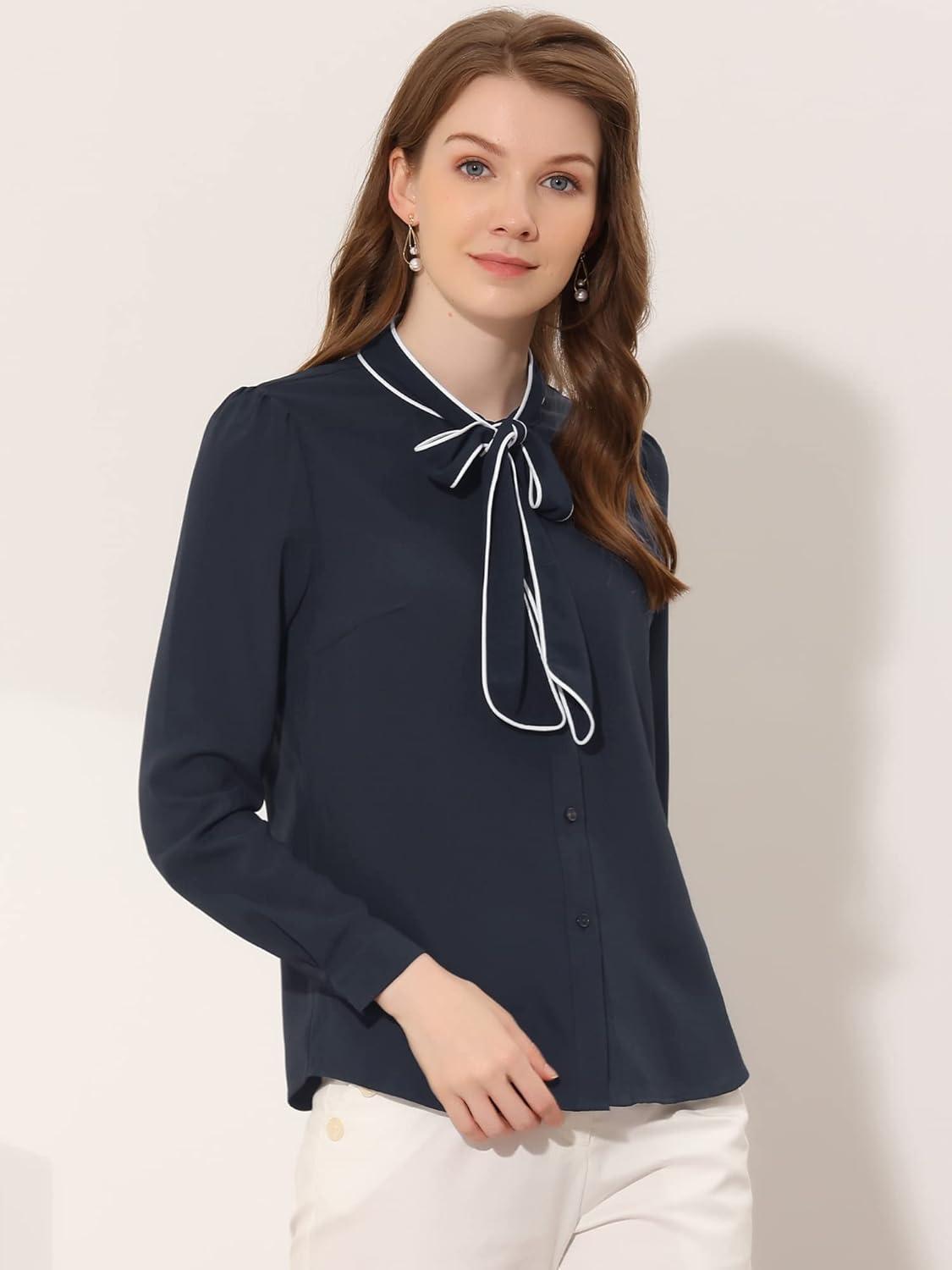 imageAllegra K Womens Work Blouse Tie Neck Long Sleeve Shirts Button Down Elegant Office Business Top 2025Dark Blue