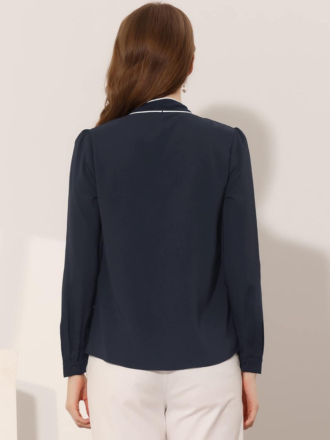 imageAllegra K Womens Work Blouse Tie Neck Long Sleeve Shirts Button Down Elegant Office Business Top 2025Dark Blue