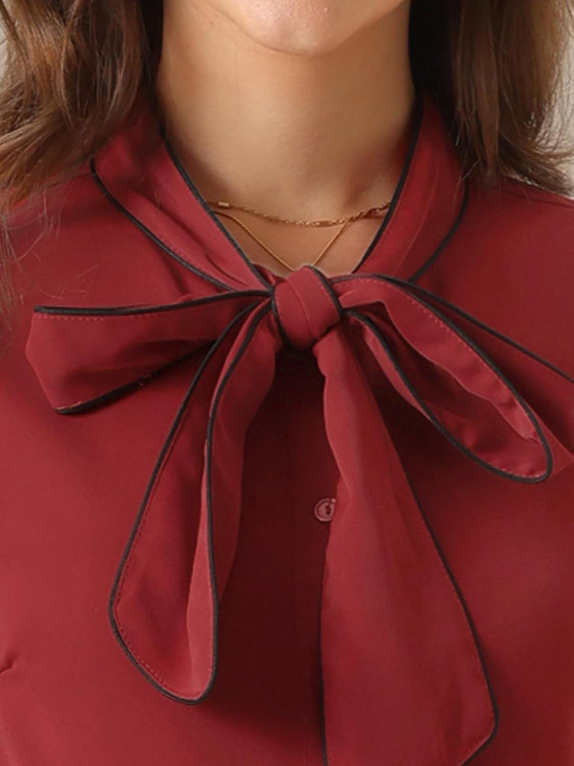 imageAllegra K Womens Work Blouse Tie Neck Long Sleeve Shirts Button Down Elegant Office Business Top 2025Dark Red