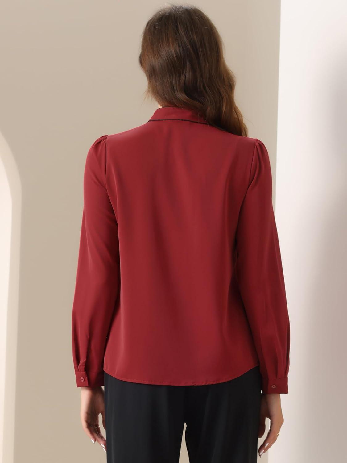 imageAllegra K Womens Work Blouse Tie Neck Long Sleeve Shirts Button Down Elegant Office Business Top 2025Dark Red