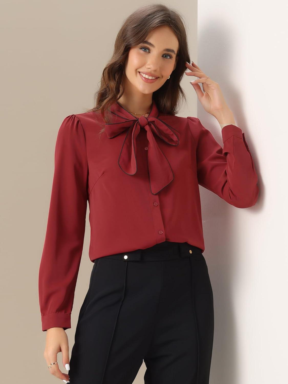 imageAllegra K Womens Work Blouse Tie Neck Long Sleeve Shirts Button Down Elegant Office Business Top 2025Dark Red