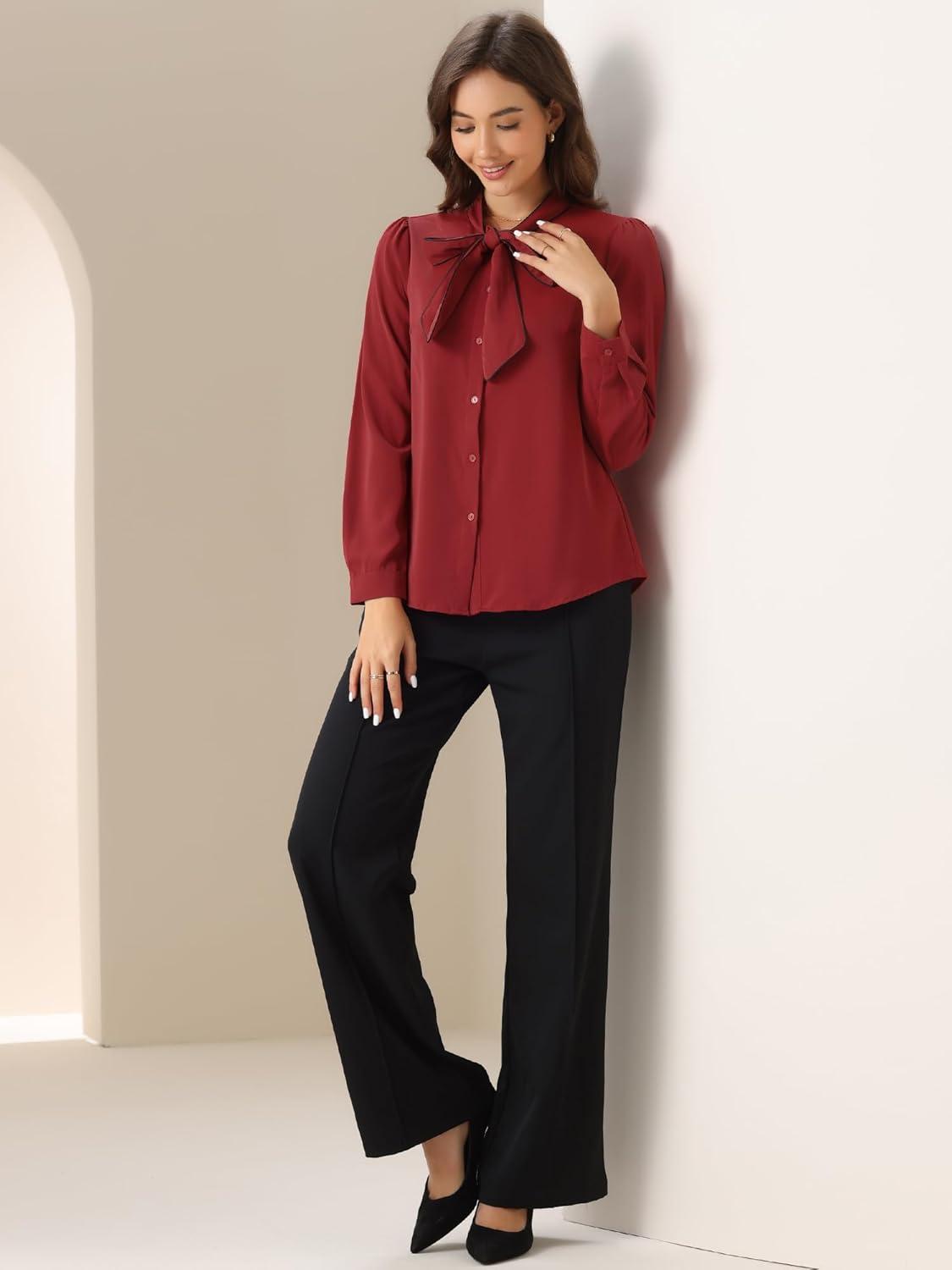 imageAllegra K Womens Work Blouse Tie Neck Long Sleeve Shirts Button Down Elegant Office Business Top 2025Dark Red