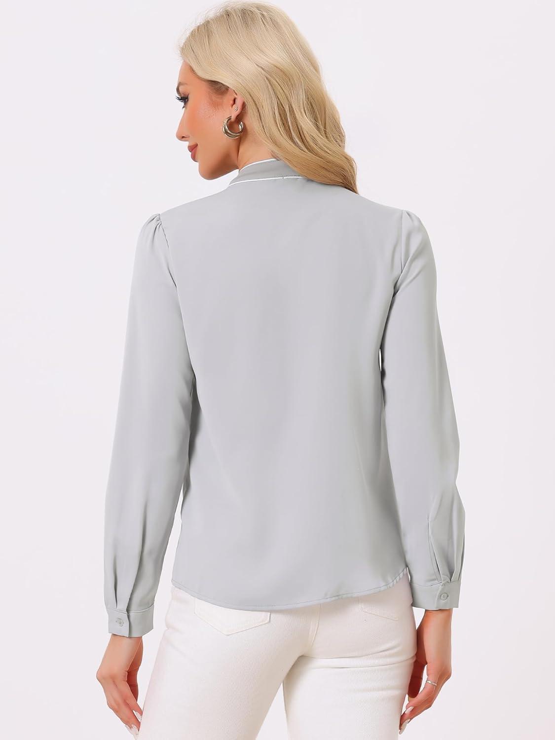 imageAllegra K Womens Work Blouse Tie Neck Long Sleeve Shirts Button Down Elegant Office Business Top 2025Light Grey