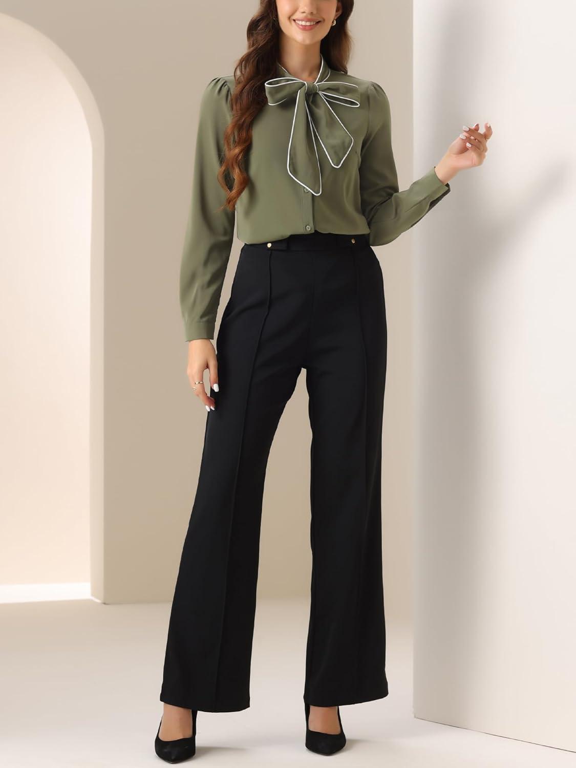 imageAllegra K Womens Work Blouse Tie Neck Long Sleeve Shirts Button Down Elegant Office Business Top 2025Navy Green