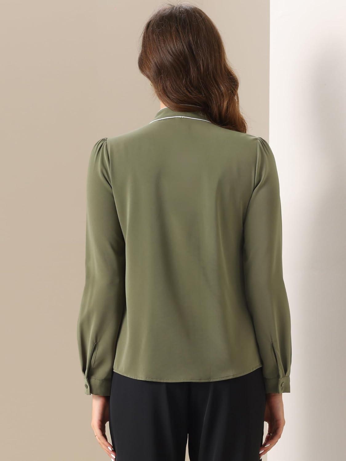 imageAllegra K Womens Work Blouse Tie Neck Long Sleeve Shirts Button Down Elegant Office Business Top 2025Navy Green