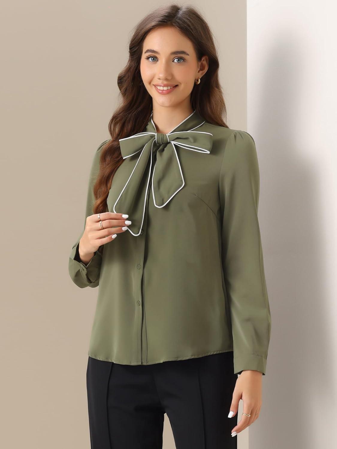 imageAllegra K Womens Work Blouse Tie Neck Long Sleeve Shirts Button Down Elegant Office Business Top 2025Navy Green