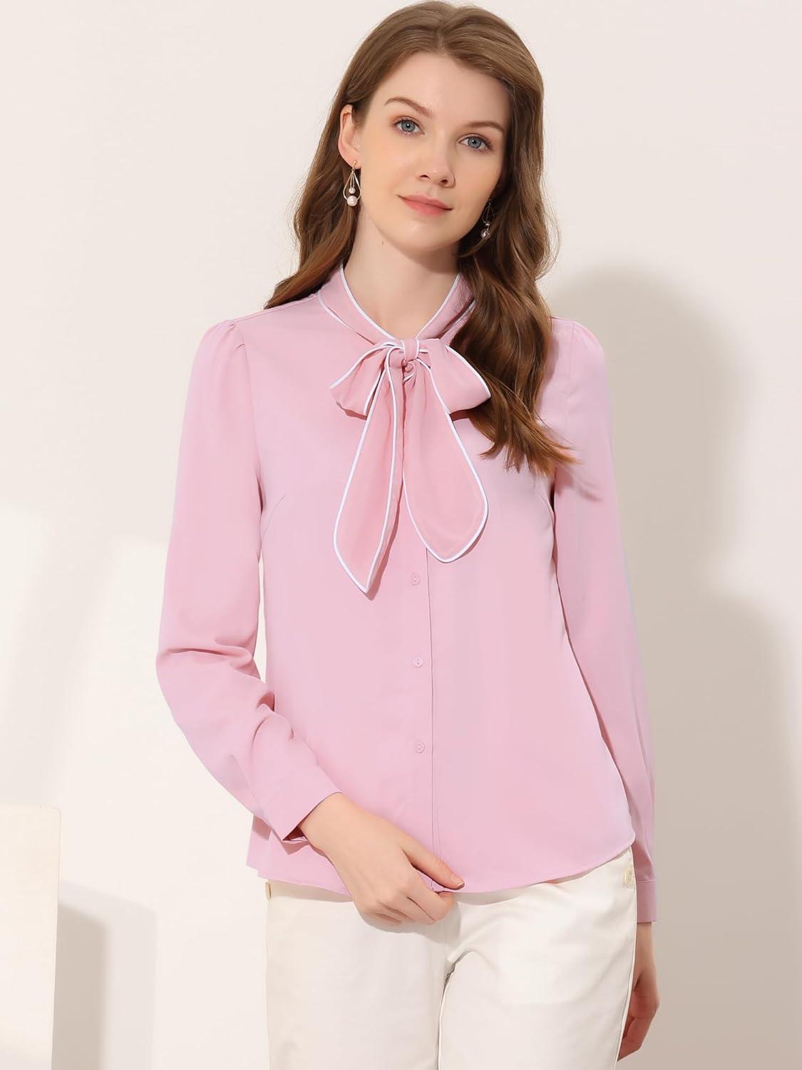 imageAllegra K Womens Work Blouse Tie Neck Long Sleeve Shirts Button Down Elegant Office Business Top 2025Pink