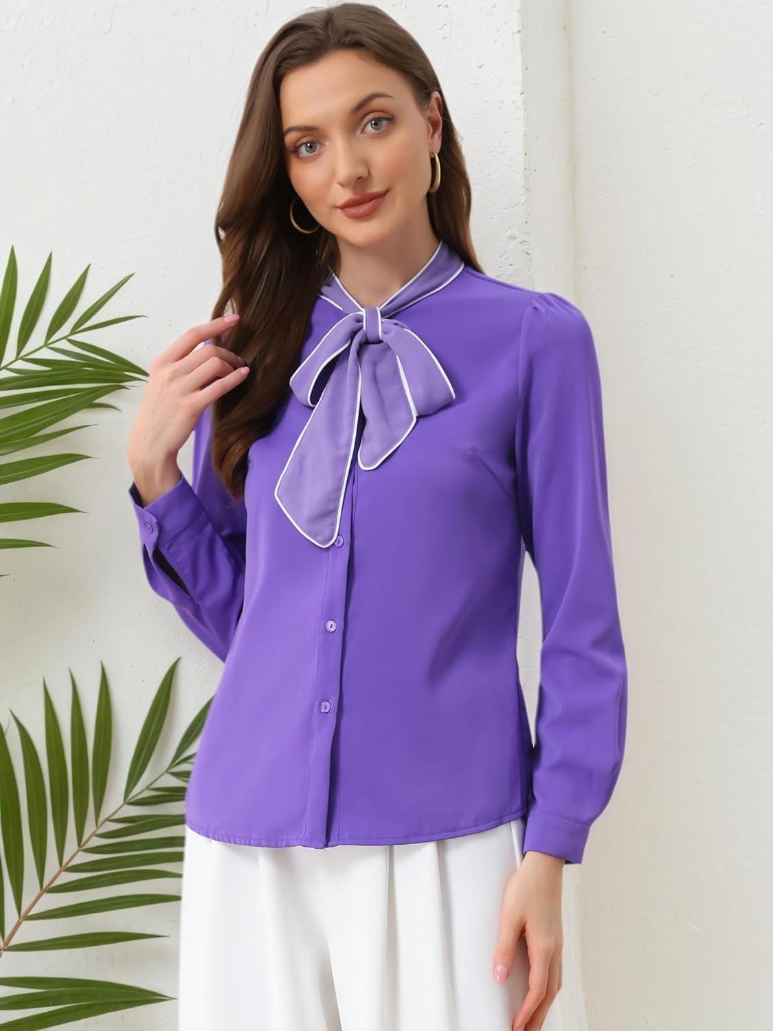 imageAllegra K Womens Work Blouse Tie Neck Long Sleeve Shirts Button Down Elegant Office Business Top 2025Purple