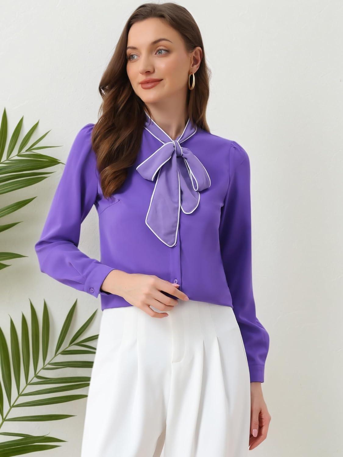imageAllegra K Womens Work Blouse Tie Neck Long Sleeve Shirts Button Down Elegant Office Business Top 2025Purple