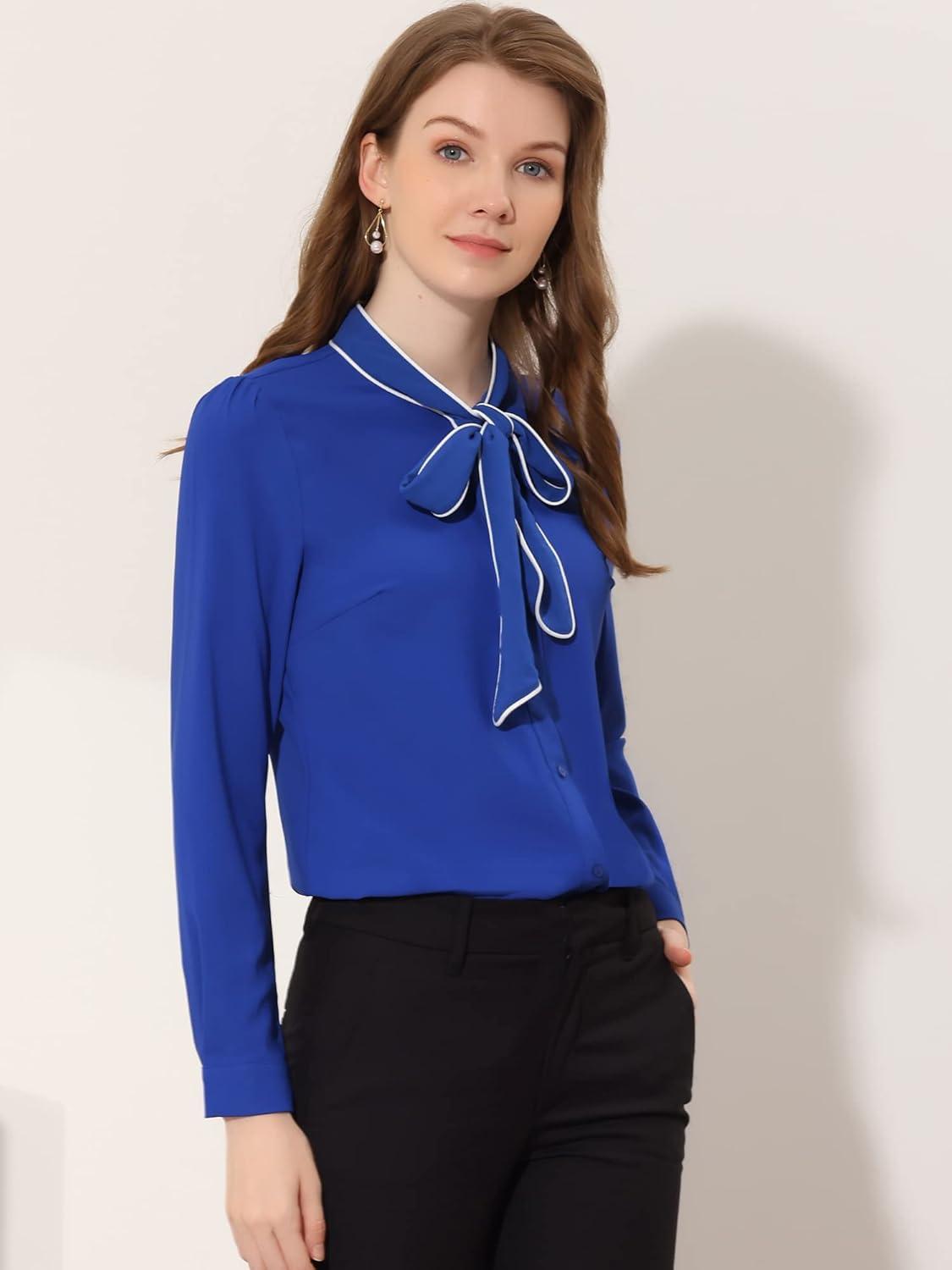 imageAllegra K Womens Work Blouse Tie Neck Long Sleeve Shirts Button Down Elegant Office Business Top 2025Royal Blue