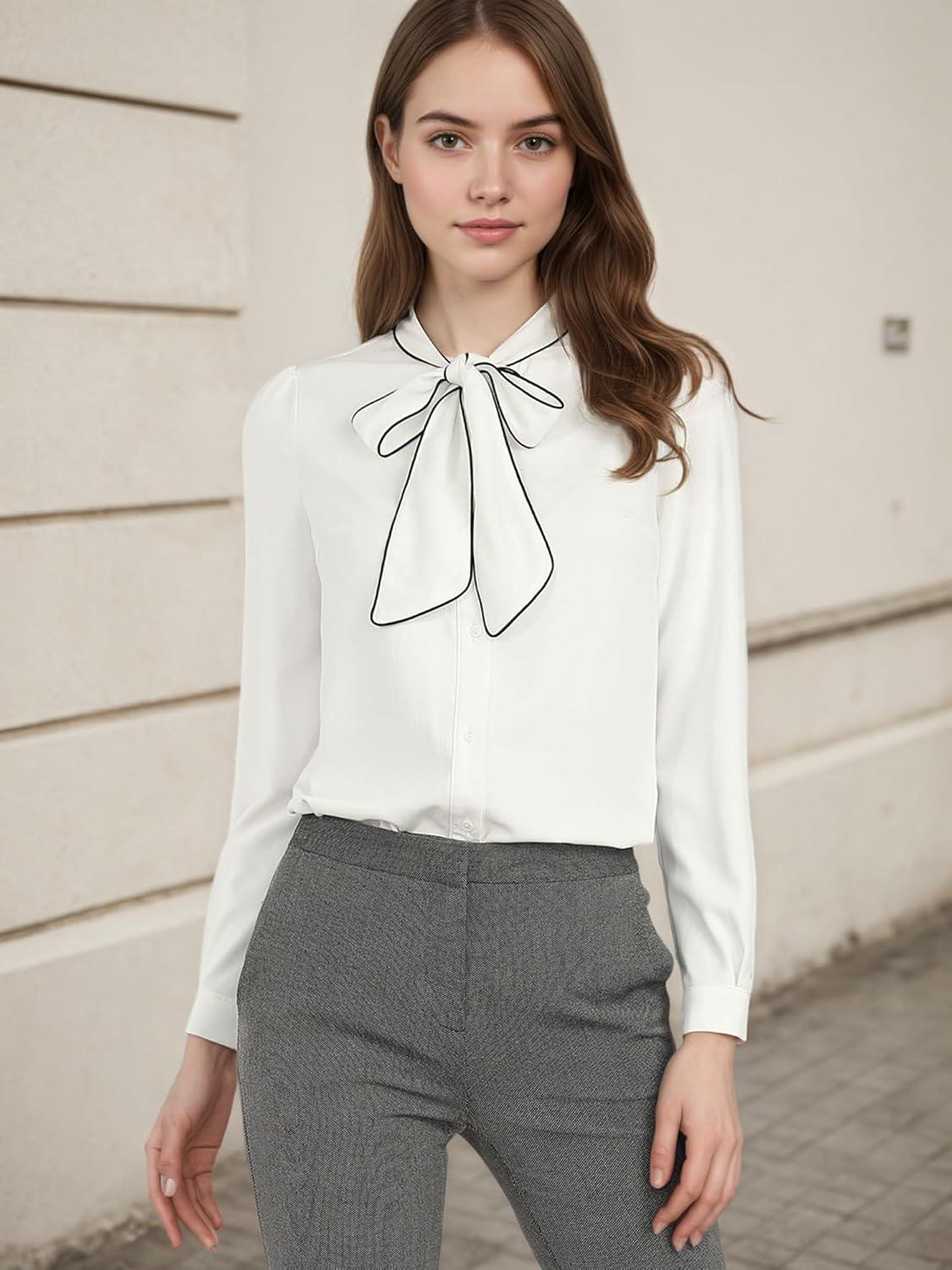 imageAllegra K Womens Work Blouse Tie Neck Long Sleeve Shirts Button Down Elegant Office Business Top 2025White