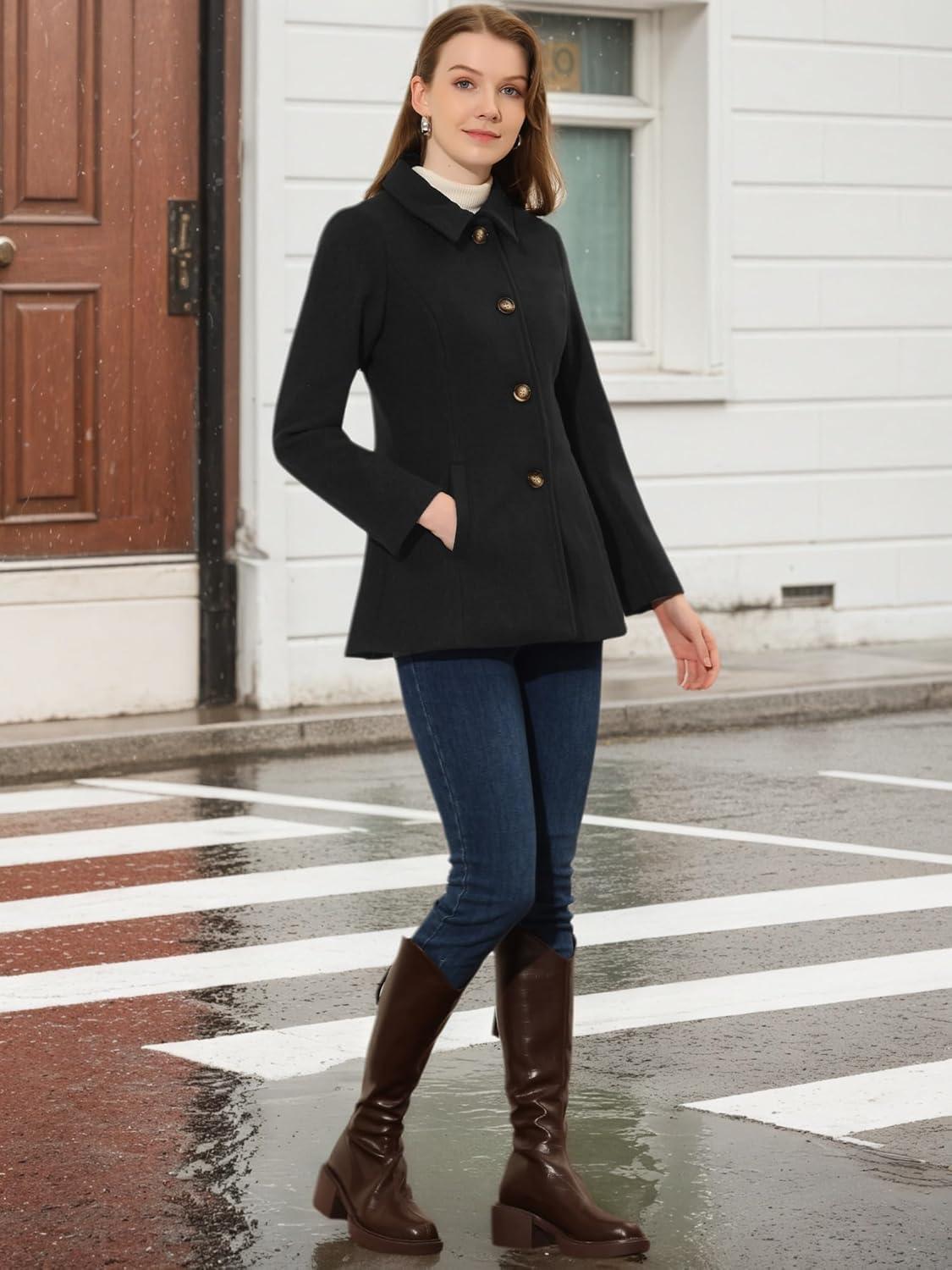 imageAllegra K Womens Work Office Winter Overcoat Single Breasted Point Collar Pea CoatBlack