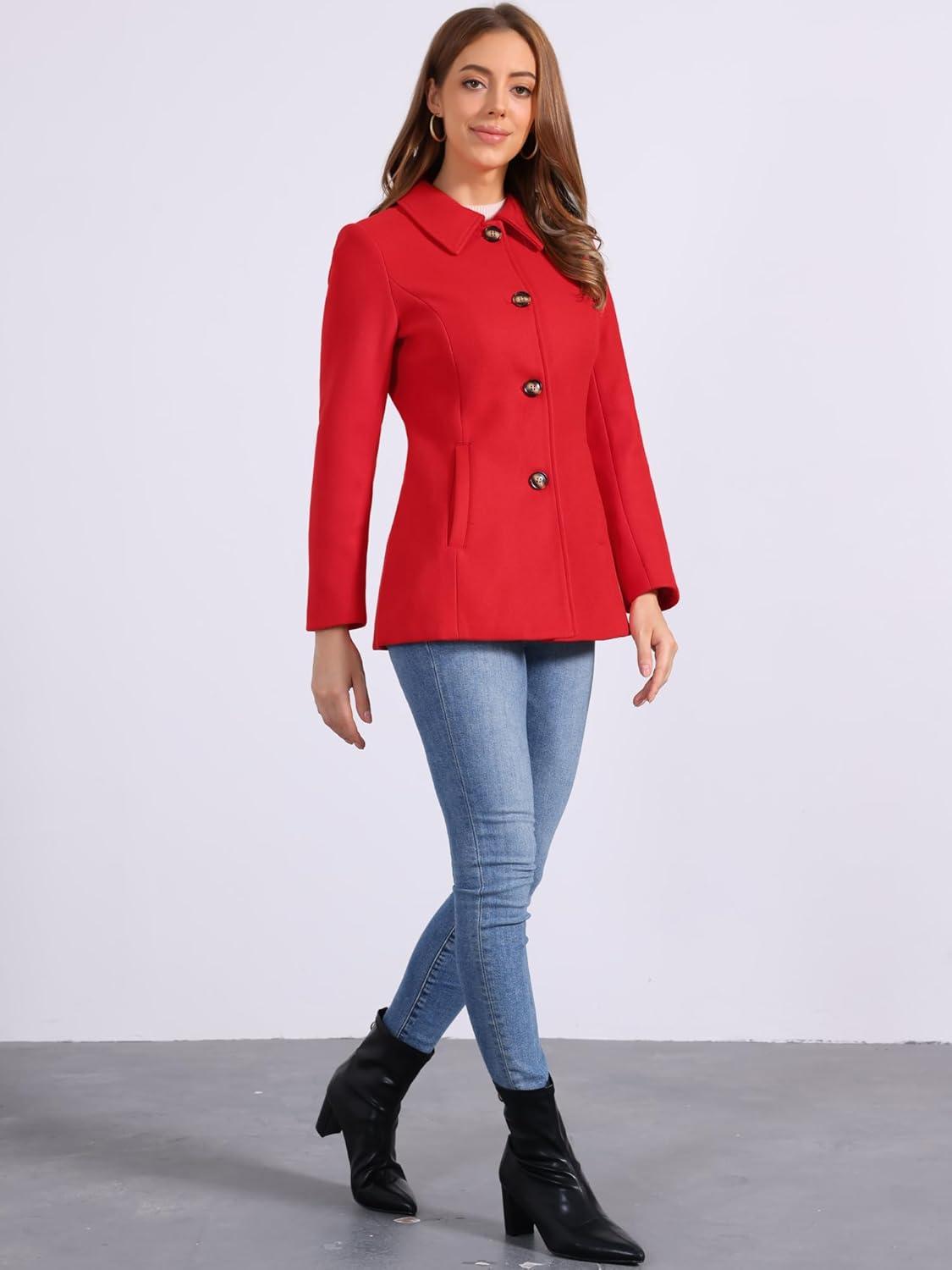 imageAllegra K Womens Work Office Winter Overcoat Single Breasted Point Collar Pea CoatBright Red