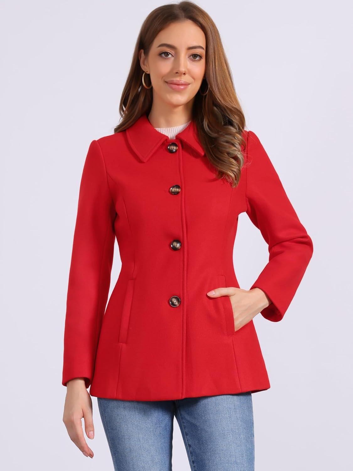 imageAllegra K Womens Work Office Winter Overcoat Single Breasted Point Collar Pea CoatBright Red