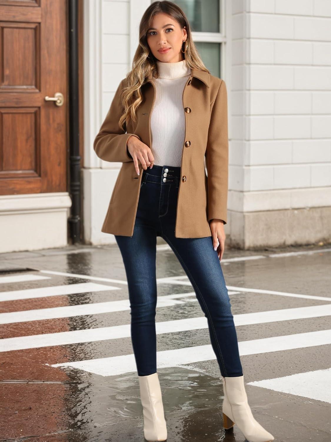 imageAllegra K Womens Work Office Winter Overcoat Single Breasted Point Collar Pea CoatCamel