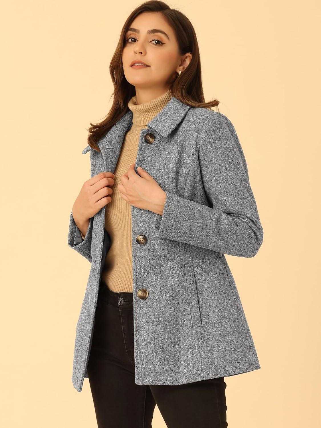 imageAllegra K Womens Work Office Winter Overcoat Single Breasted Point Collar Pea CoatGrey