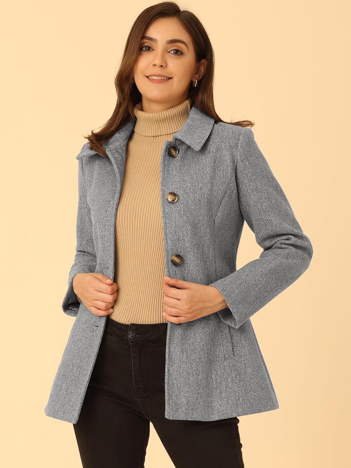 imageAllegra K Womens Work Office Winter Overcoat Single Breasted Point Collar Pea CoatGrey